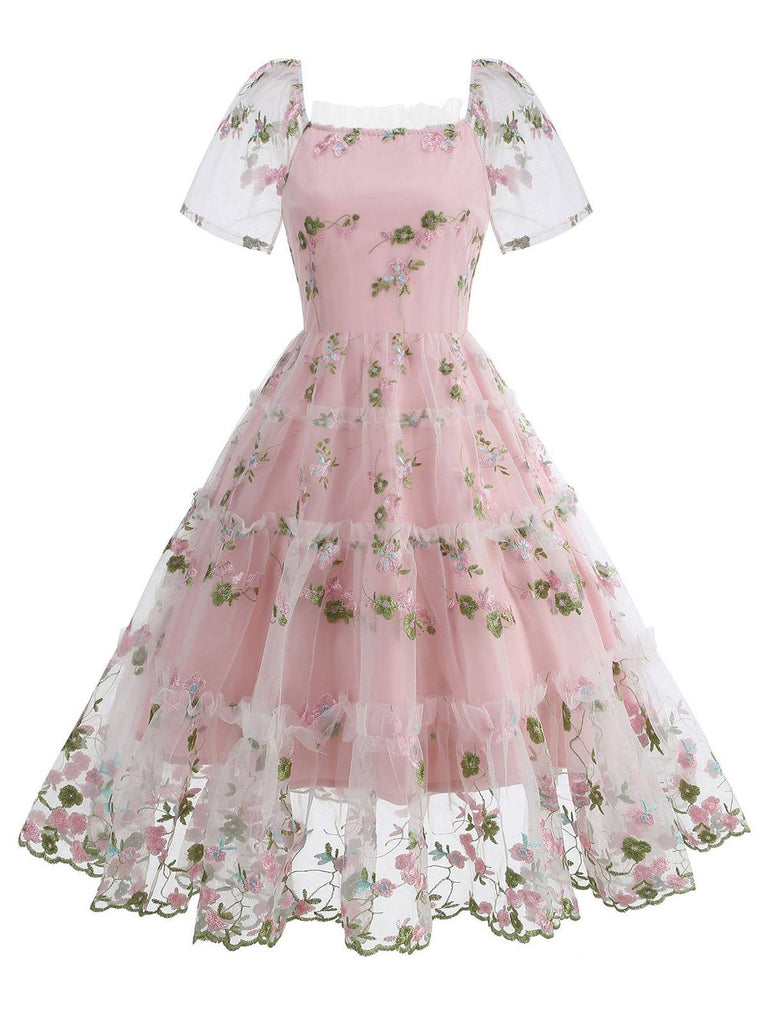 1950er Stickerei Blumen Netz Puffärmel Kleid
