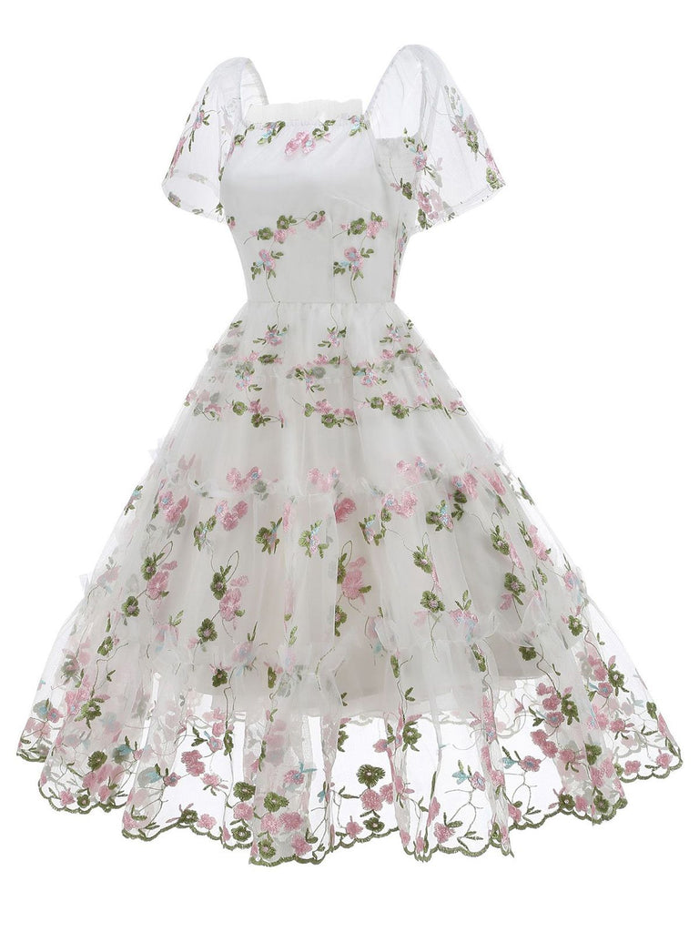 1950er Stickerei Blumen Netz Puffärmel Kleid