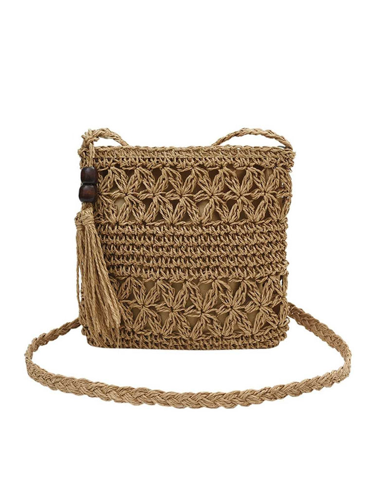 Vintage Stroh Holz Perlen Umhängetasche Tasche