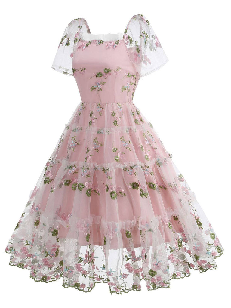 1950er Stickerei Blumen Netz Puffärmel Kleid