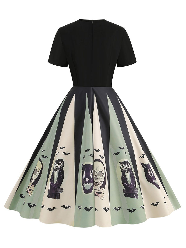 1950er Halloween Spinnennetz Druck Patchwork Kleid
