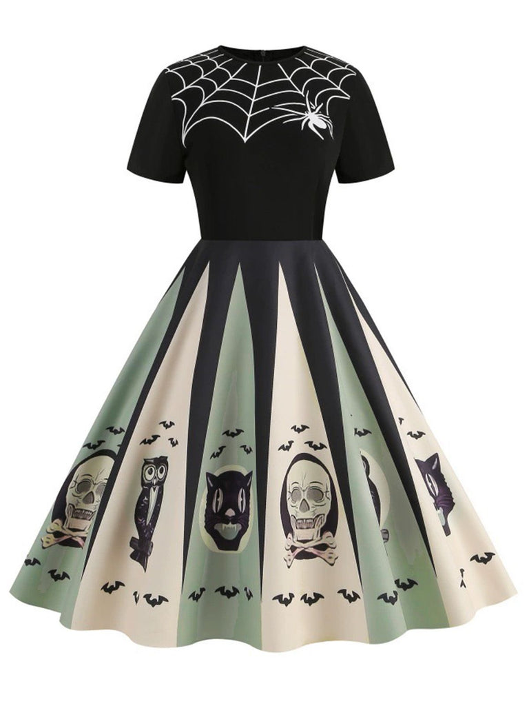 [Vorverkauf] Rot 1950er Halloween Spinnennetz Druck Patchwork Kleid
