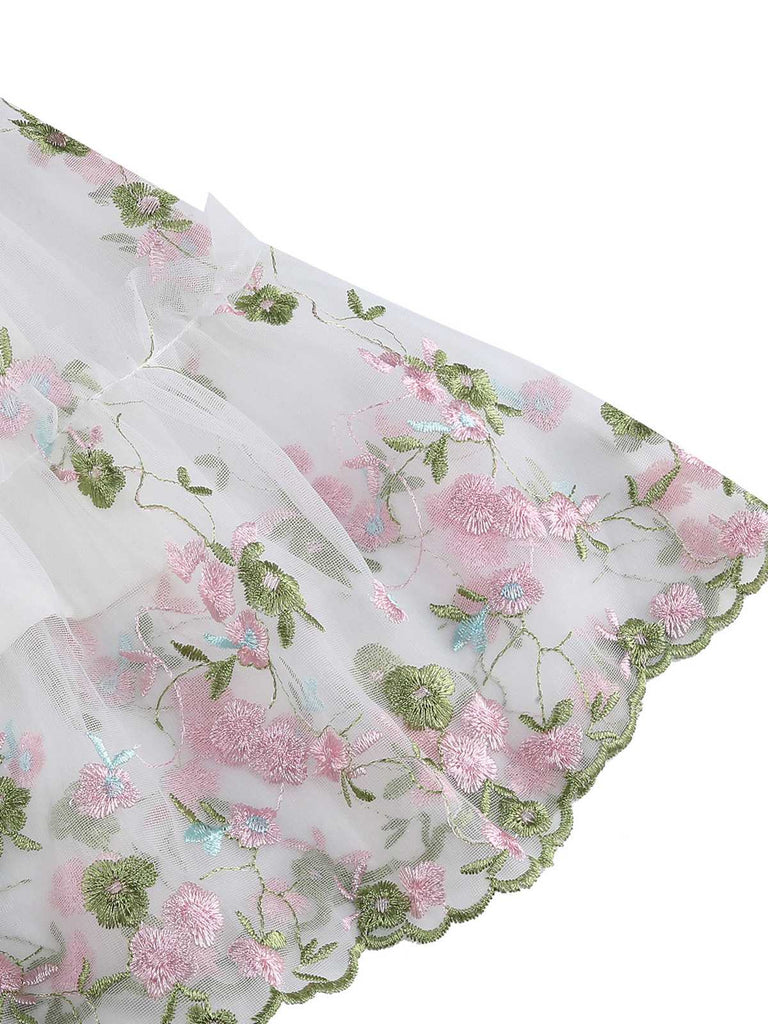 1950er Stickerei Blumen Netz Puffärmel Kleid