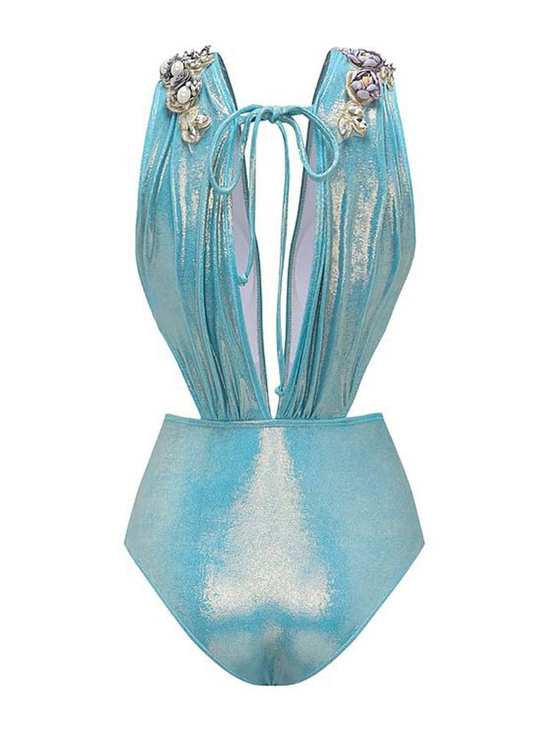 Blau 1930er Perlen Schimmernd Einteiliger Badeanzug