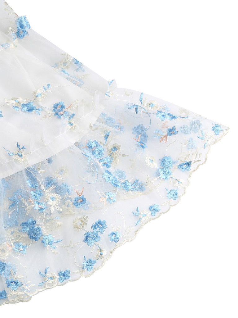 1950er Stickerei Blumen Netz Puffärmel Kleid