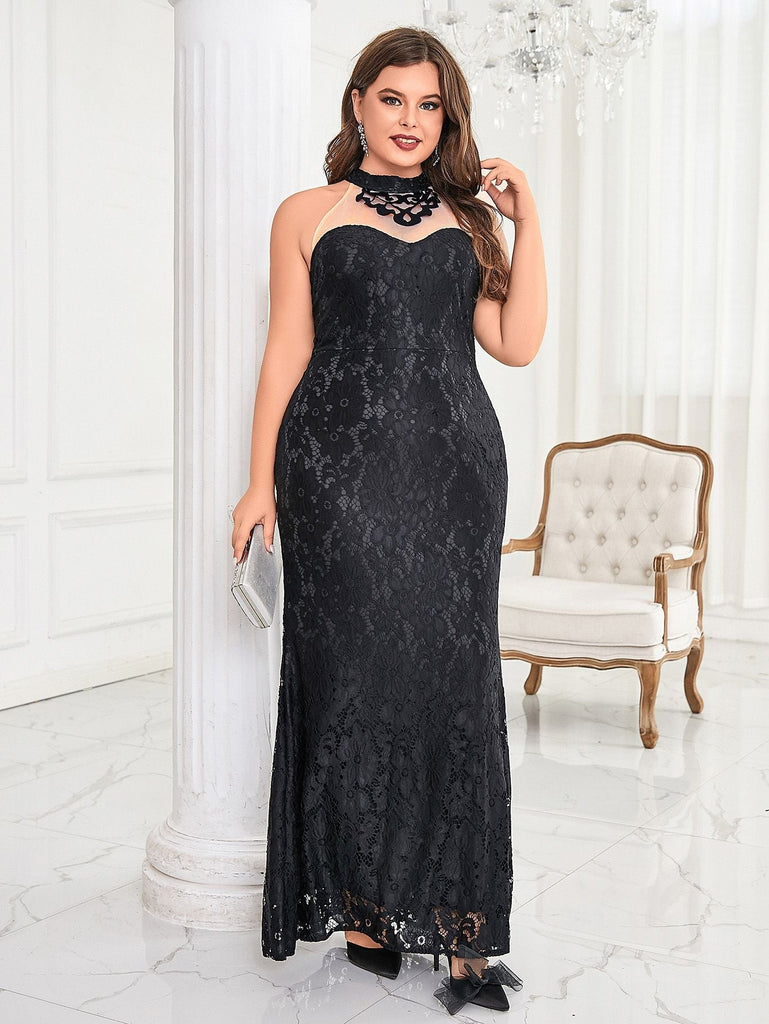 [Übergröße] Schwarz 1930er Spitze Patchwork Fischschwanz Abend Kleid