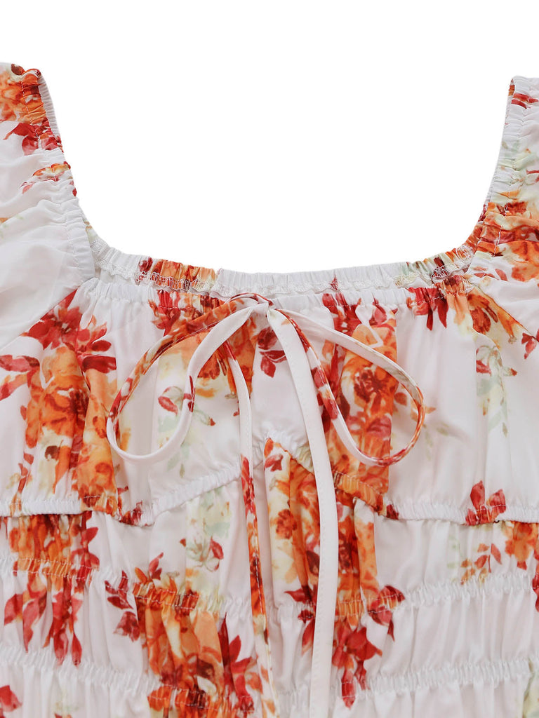 Orange 40er Kleid mit Puffärmel und Blumen