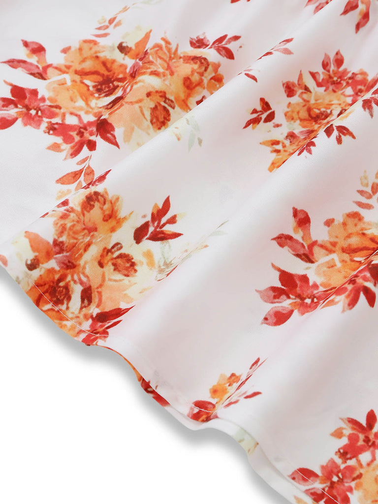 Orange 40er Kleid mit Puffärmel und Blumen