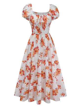 Orange 40er Kleid mit Puffärmel und Blumen