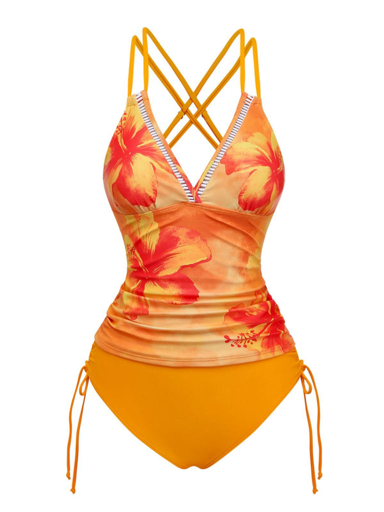 Orange 1950er V-Ausschnitt Blumen Patchwork Tankini Set