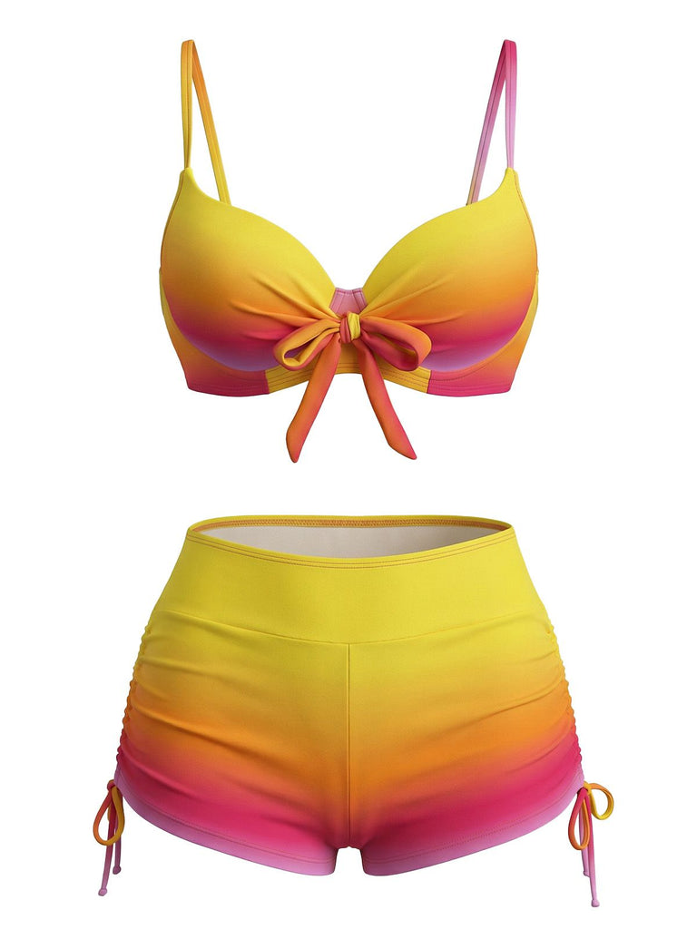 Orange-1960er Farbverlauf Schnürung Badeshorts Bikini Set