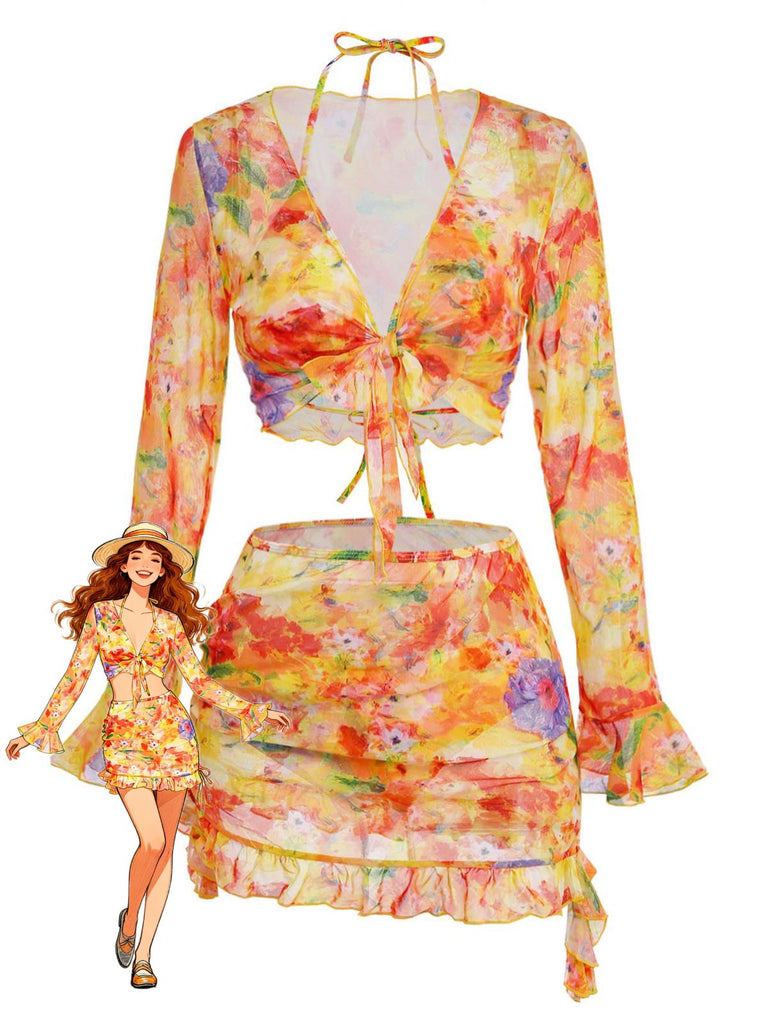 Orange 60er Netz-Bikini-Set & Cover-Up mit Neckholder und Blumen