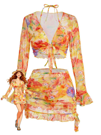 Orange 60er Netz-Bikini-Set & Cover-Up mit Neckholder und Blumen