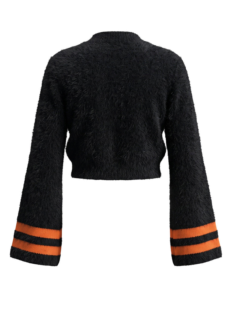Schwarzer 70er Halloween Crop-Pullover mit Kürbisgesicht