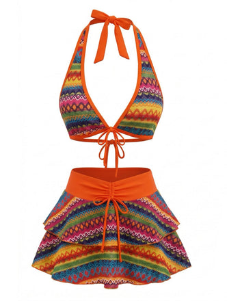 Orange 1980er Boho Irregulär Bikini-Set & Abdeckung Up