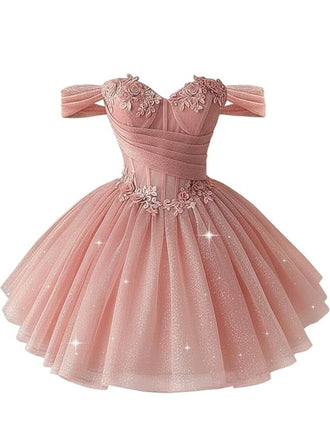 Rosa 50er schulterfreies Kleid mit Blumen und Glitzer