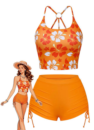 Orange 1960er Blumen Rückenfrei Bikini Set-model