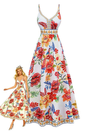 Mehrfarbiges 70er Ärmelloses Maxikleid mit V-Ausschnitt und Blumen