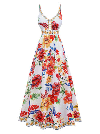 Mehrfarbiges 70er Ärmelloses Maxikleid mit V-Ausschnitt und Blumen