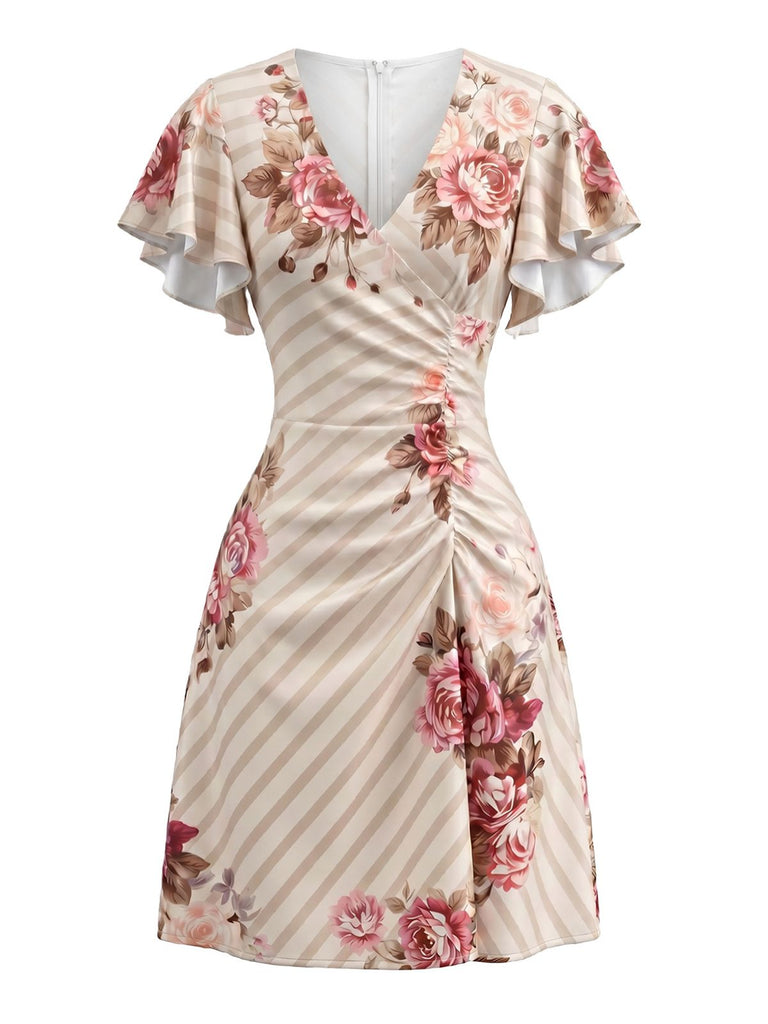 60er Satin-Kleid mit Flatterärmel und V-Ausschnitt