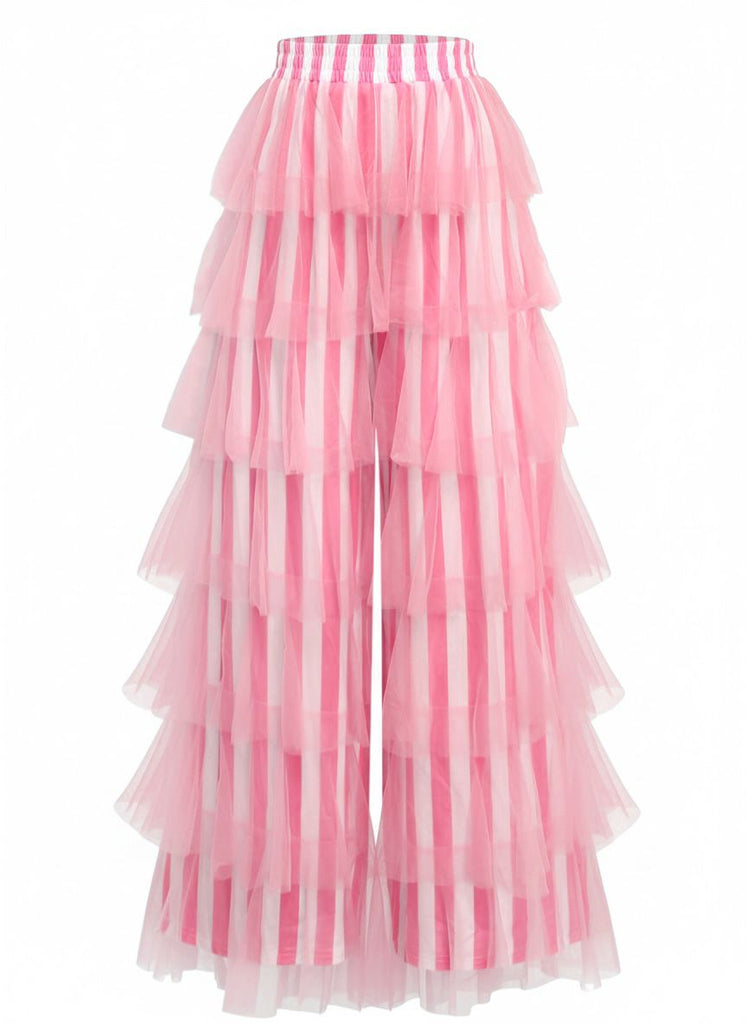 Blau 1970er Vertikale Streifen Netz Stufen Rüschen Hose