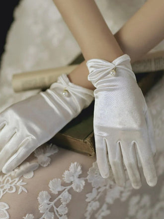 Weiße Vintage Solide Perle Stretch-Satin Kurze Handschuhe