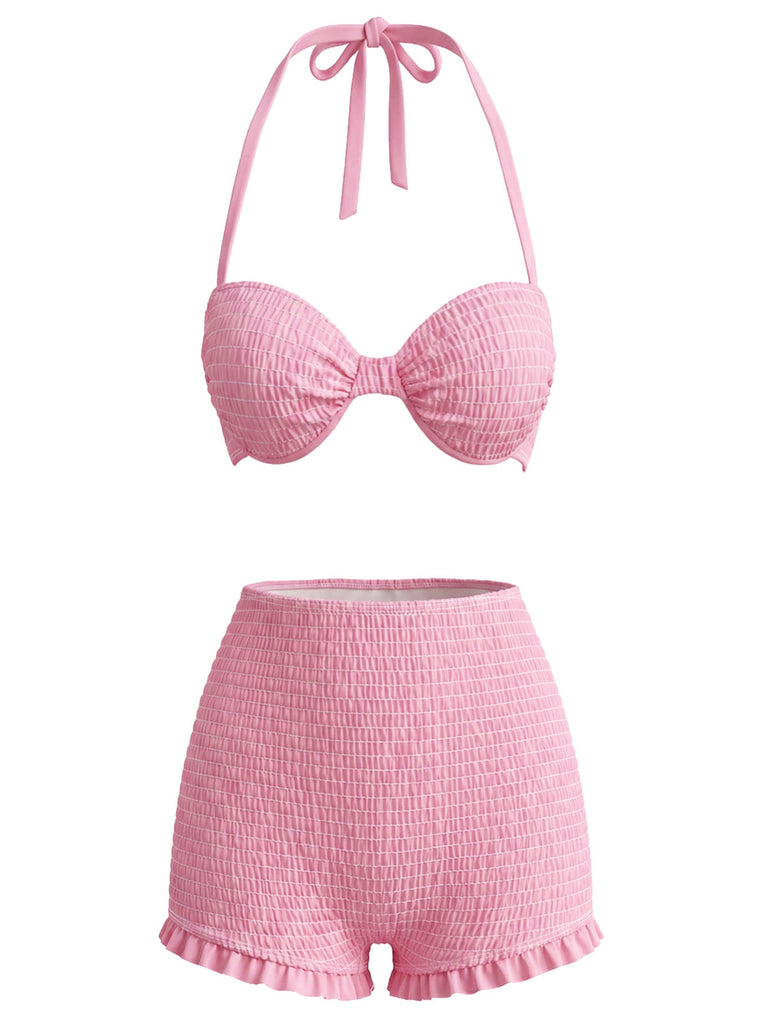 Rosa 50er Bikini-Set mit Neckholder und Erdbeere