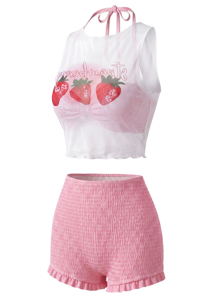 Rosa 50er Bikini-Set mit Neckholder und Erdbeere