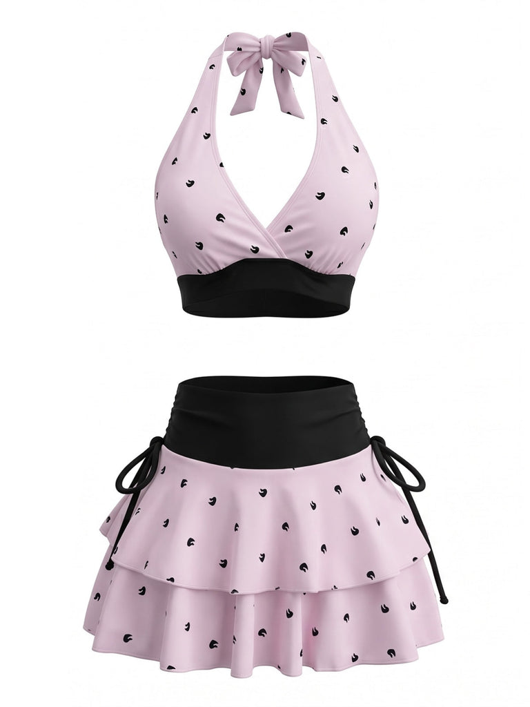 Rosa 80er Bikini-Set & Shorts & Cover-Up mit Polka-Dots und Neckholder