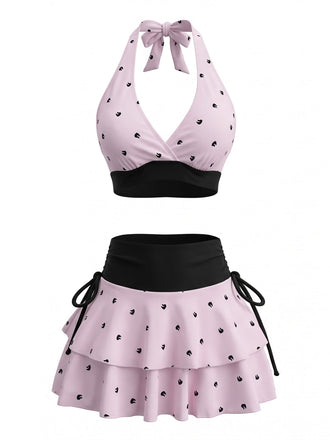 Rosa 80er Bikini-Set & Shorts & Cover-Up mit Polka-Dots und Neckholder