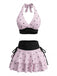 Rosa 80er Bikini-Set & Shorts & Cover-Up mit Polka-Dots und Neckholder
