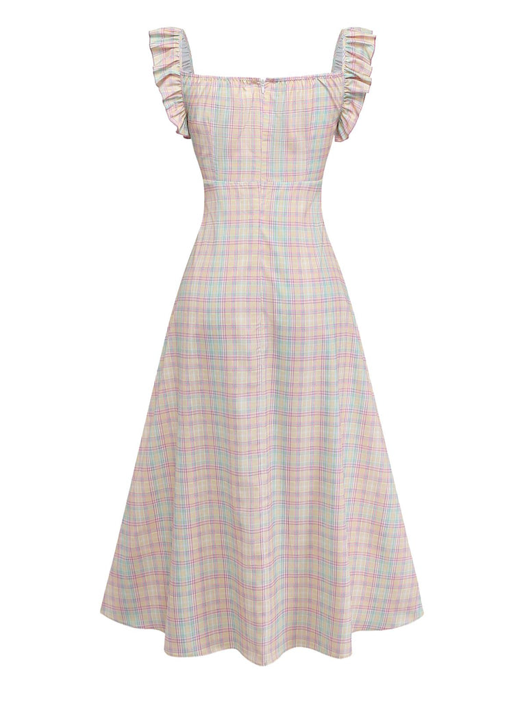 Pastellfarbenes Karokleid im Swing-Stil mit Rüschenschleife und herzförmigem Ausschnitt für einen Vintage-Look der 1950er Jahre