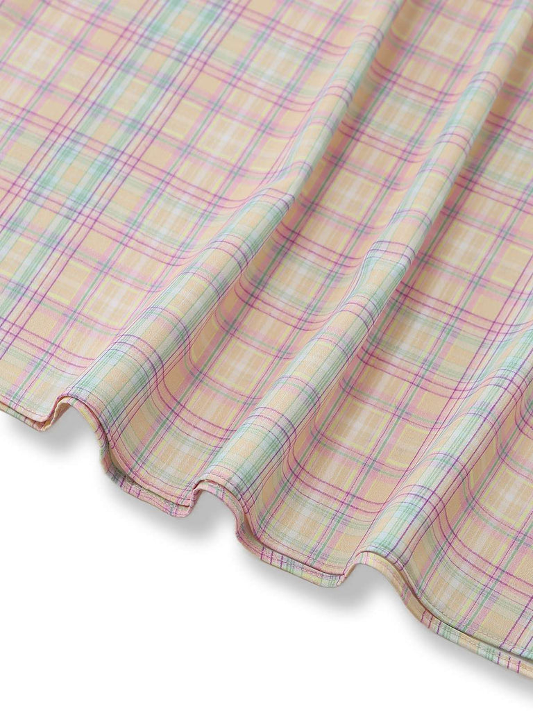 Pastellfarbenes Karokleid im Swing-Stil mit Rüschenschleife und herzförmigem Ausschnitt für einen Vintage-Look der 1950er Jahre