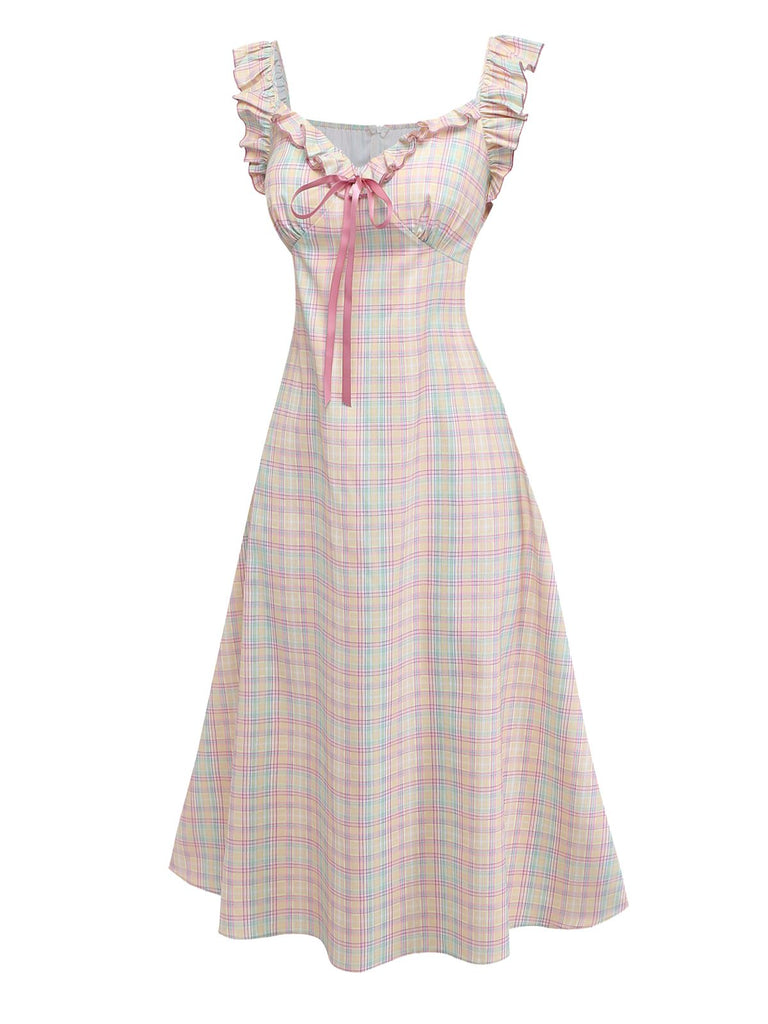 Pastellfarbenes Karokleid im Swing-Stil mit Rüschenschleife und herzförmigem Ausschnitt für einen Vintage-Look der 1950er Jahre