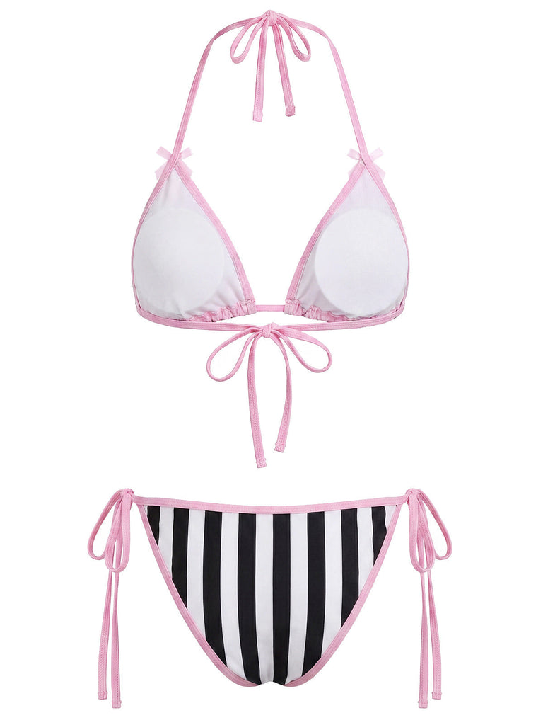 Rosa 80er Gothic Bikini-Set mit Streifen und Totenkopf