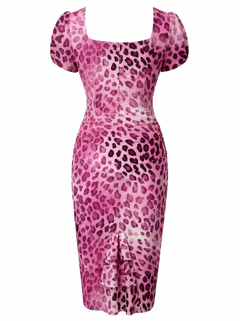 Leoparden-Printes & Rosa 60er Bodycon-Kleid mit Herzausschnitt