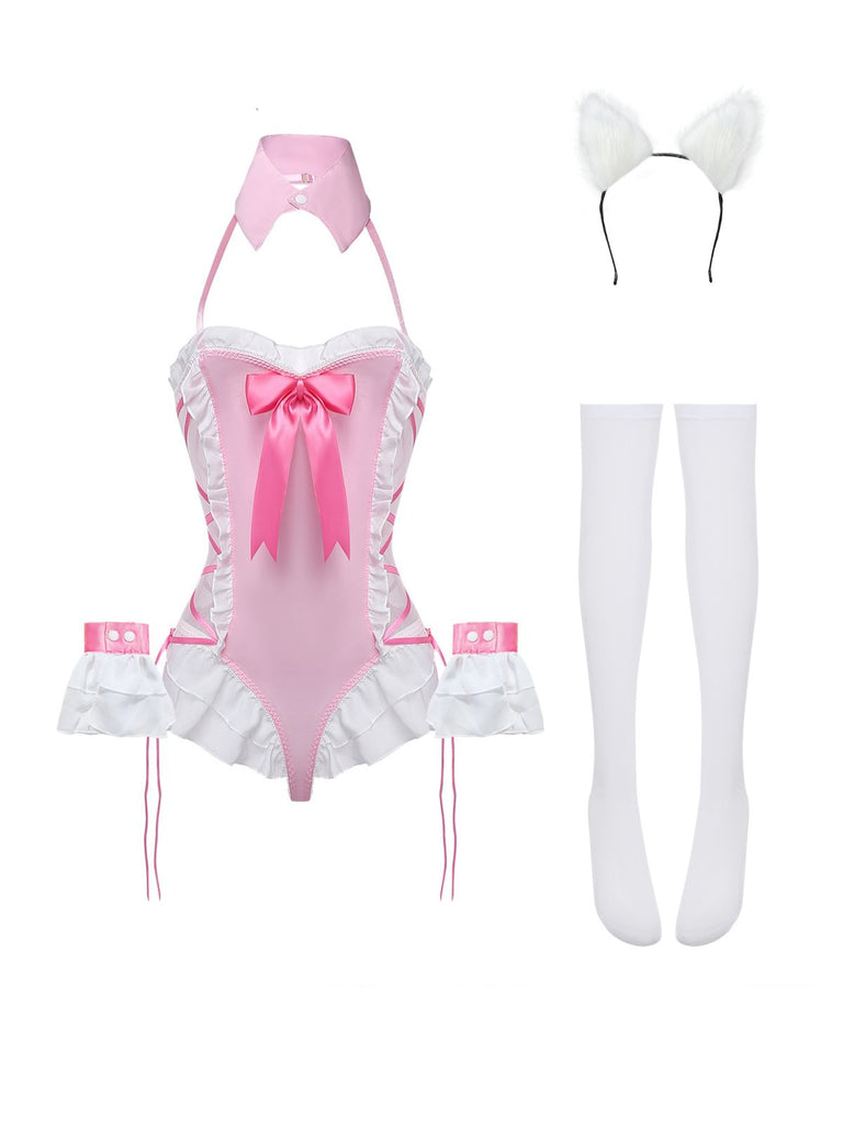 Pfirsichrosa 5PCS 1980er Häschen Mädchen Offen Schritt Body Dessous