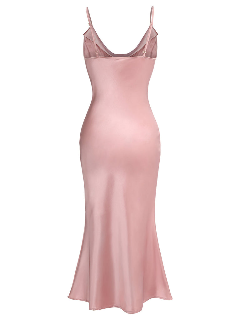 30er Satin-Maxikleid mit Spinnennetz und Wasserfallausschnitt