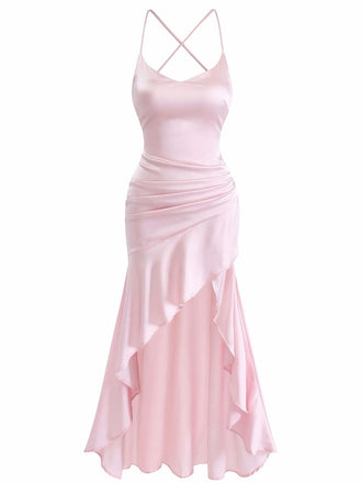 30er Satin-Maxikleid mit Spaghettiträger und Rüschen