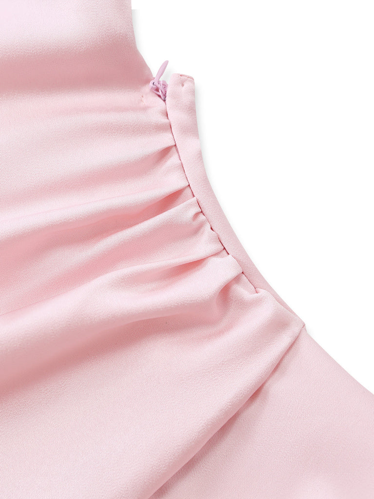 30er Satin-Maxikleid mit Spaghettiträger und Rüschen