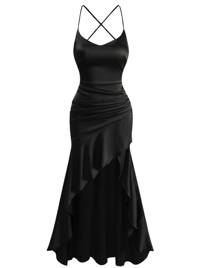 30er Satin-Maxikleid mit Spaghettiträger und Rüschen
