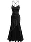 Schwarzes 30er Satin-Maxikleid mit Rüschensaum und offenem Rücken