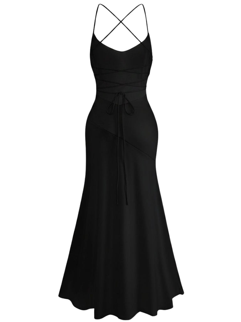 30er Satin-Maxikleid mit Spaghettiträger und Rüschen