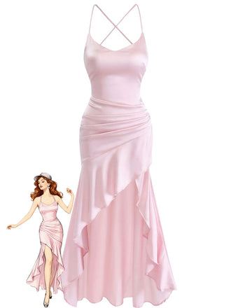 30er Satin-Maxikleid mit Spaghettiträger und Rüschen