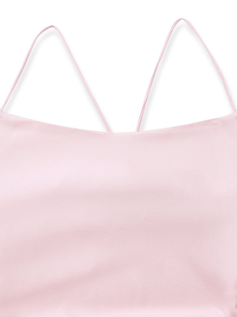 30er Satin-Maxikleid mit Spaghettiträger und Rüschen