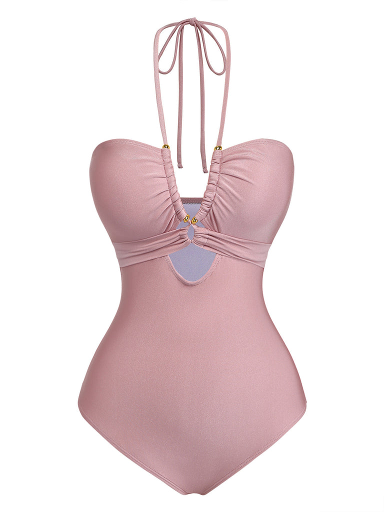 Rosa 40er Badeanzug mit Neckholder und Criss-Cross