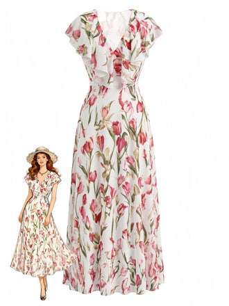Rosa 40er Kleid mit Flatterärmel und V-Ausschnitt