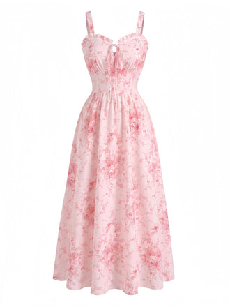 Rosa 40er Smockkleid mit Blumen und Rüschen