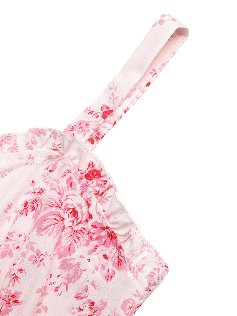 Rosa 40er Smockkleid mit Blumen und Rüschen