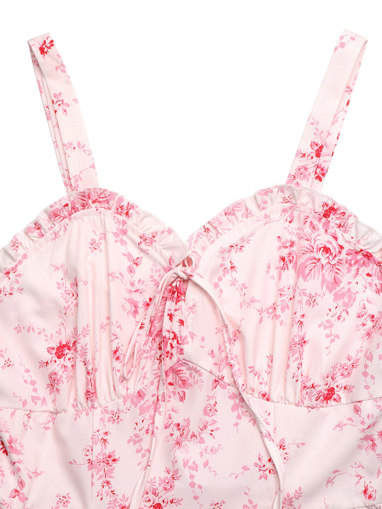 Rosa 40er Smockkleid mit Blumen und Rüschen